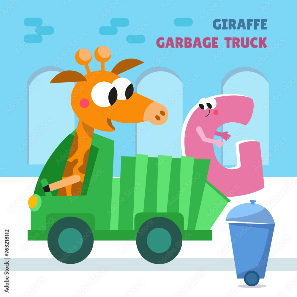 Letter G. Alphabet, card with cute cartoon style characters. Giraffe and Garbage truck. ABC. Education for children. Preschool activity. Vector illustration. Letter G. Alphabet, card with cute cartoon style characters. Giraffe and Garbage truck. ABC. Education for children. Preschool activity. Vector illustration.