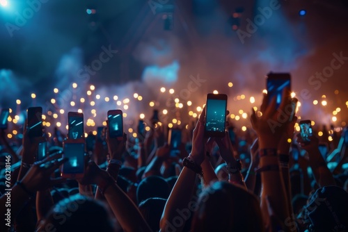 Energetic Concert Crowd Waving Smartphones, Live Music Vibes