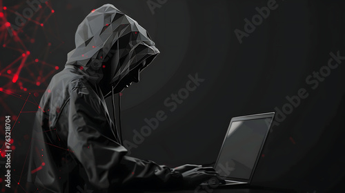 Abstract polygonal hacker with laptop in background black. Generative Ai