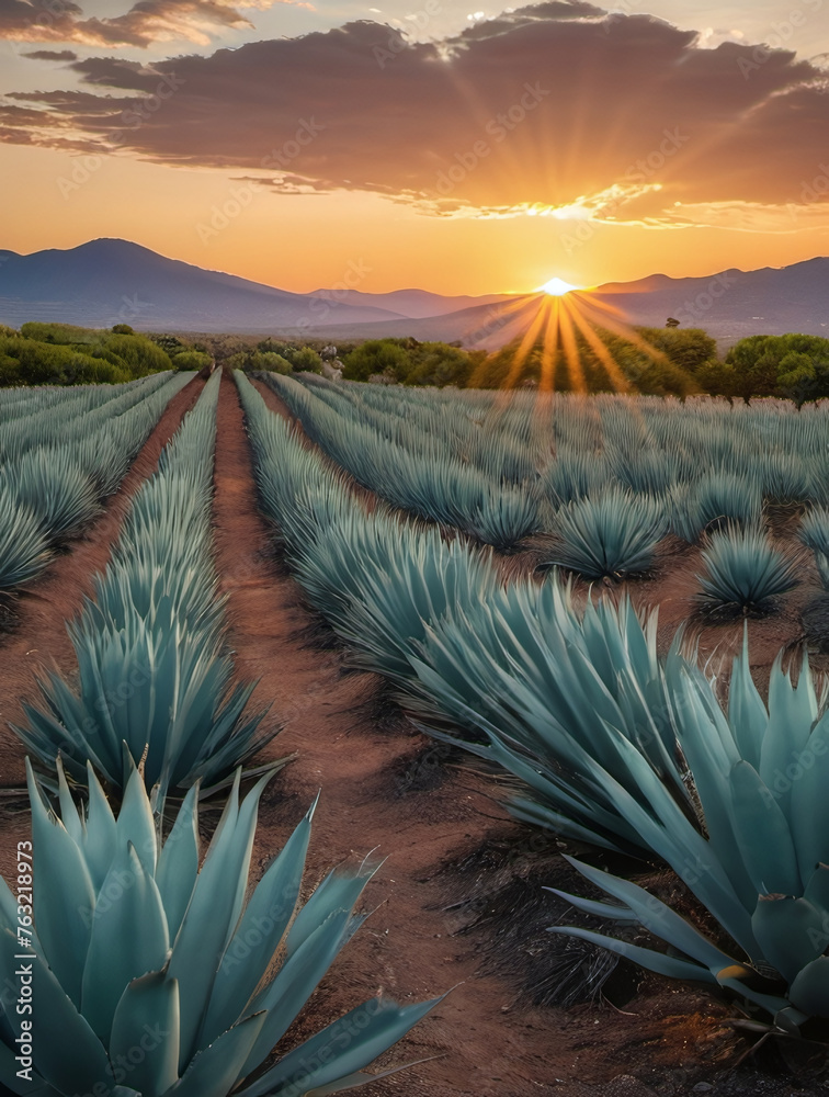 Photo Of Agave Tequilana, Sunset Landscape Of A Tequila Plantation - obrazy, fototapety, plakaty 