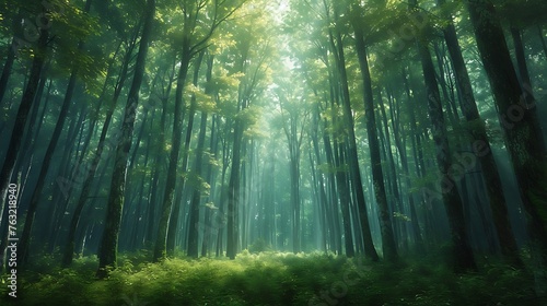 A dense forest with towering trees forming converging lines that vanish into the depth of the woodlands