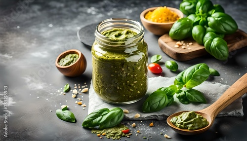 Pesto sauce in glass jar with ingredients for cooking on light stone table. View with copy space. 