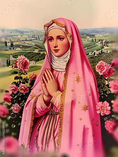 Hail Mary Full Of Grace The Lord Is With Thee - A Painting Of A Woman In A Pink Robe