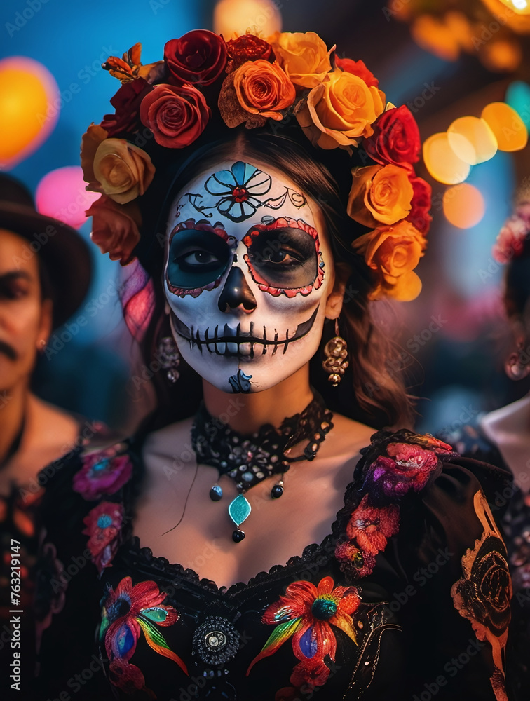 Photo Of A Group Of People Wearing Vibrant And Ornate Skull Makeup, Embodying The Festive Spirit Of Day Of The Dead, Dia De Muertos Photo Of A Group Of People Wearing Vibrant And Ornate Skull Makeup, Embodying The Festive Spirit Of Day Of The Dead, Dia De Muertos