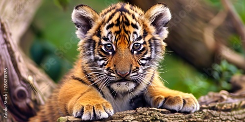 Tiger cub with piercing eyes, nestled in nature's wildlife, evoking a peaceful yet wild spirit.