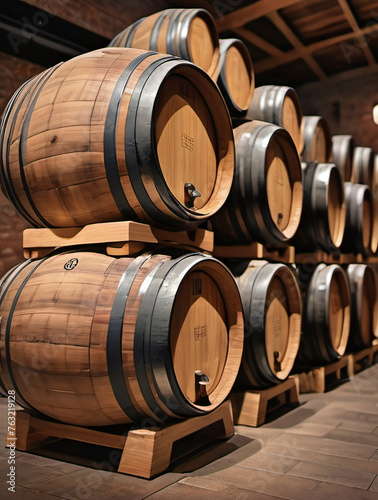 Photo Of Wooden Oak Keg Barrels Stacking Tall Tequila Wine Whisky Alcohol Liquor Distillery
