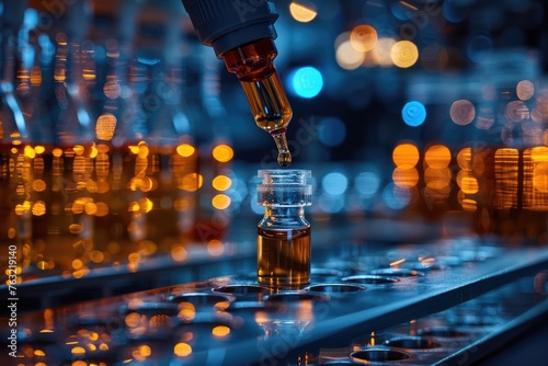 Robotic Arm Pouring Amber Liquid into Vials on a Laboratory Production Line with Blue Lights