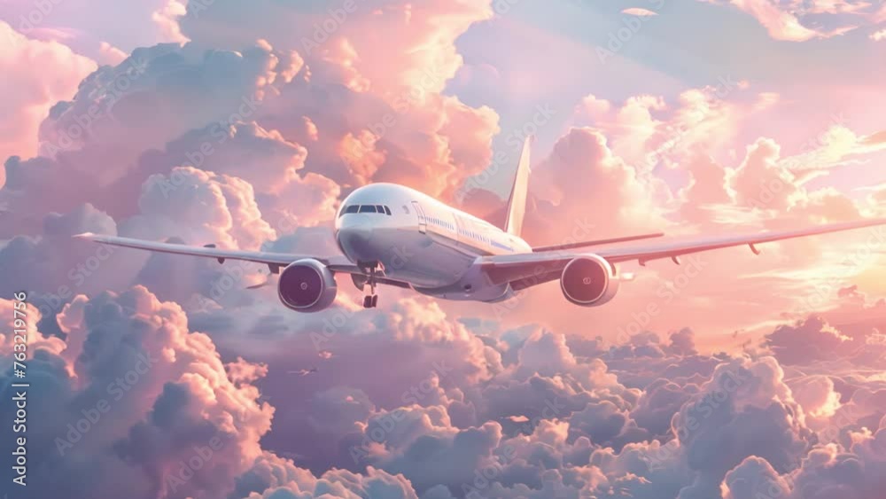 Aerial adventure: Passenger plane in animated flight against a blue sky backdrop.
