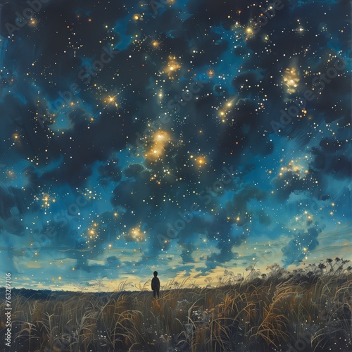 Solitary figure amidst golden grasses observing the vast, star-filled night sky