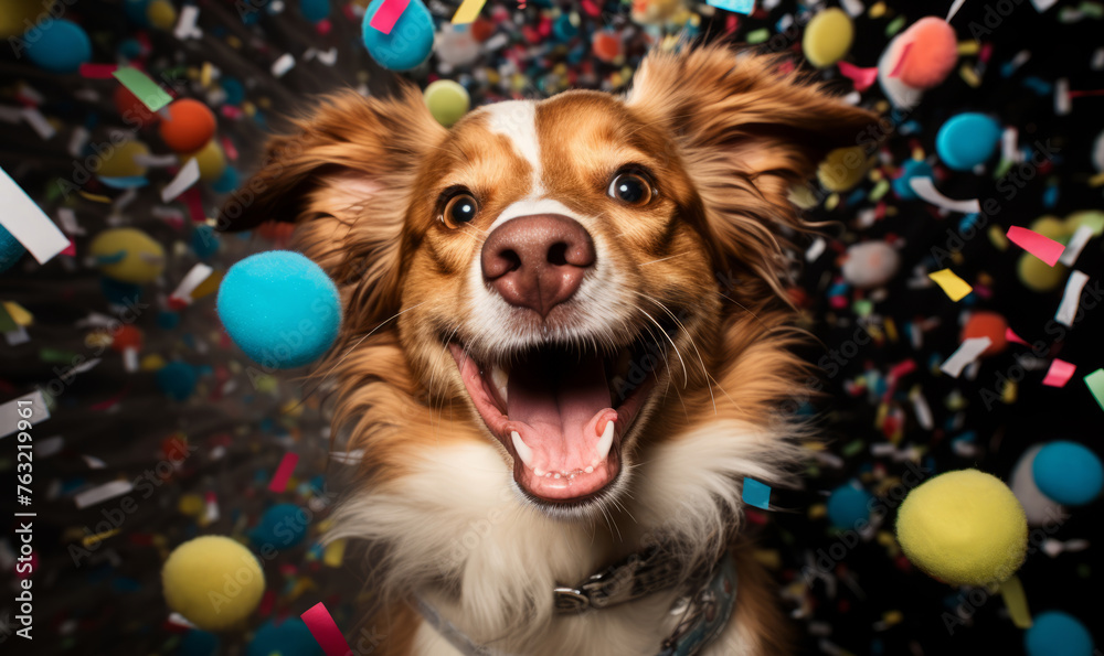 Happy dog celebrating at a birthday party with falling confetti Stock ...