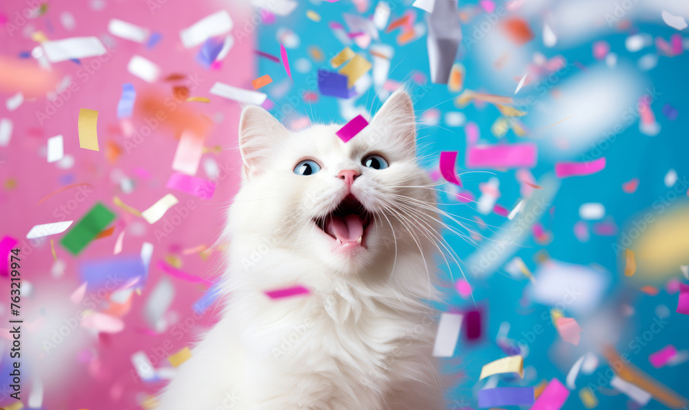 Fototapeta premium Funny portrait of a happy smiling cat on a festive background with confetti.