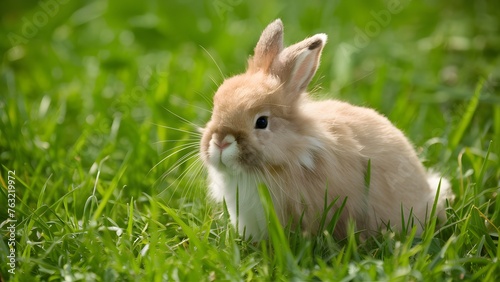 Fluffy Easter Bunny frolicking in a field of green grass