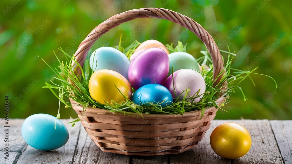Gleaming Easter Eggs arranged in a decorative woven basket arrangement