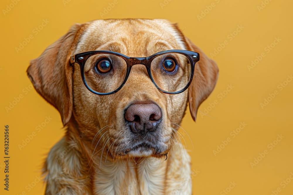 Cartoon panda face with small tinted glasses, lemon yellow background Cartoon panda face with small tinted glasses, lemon yellow background