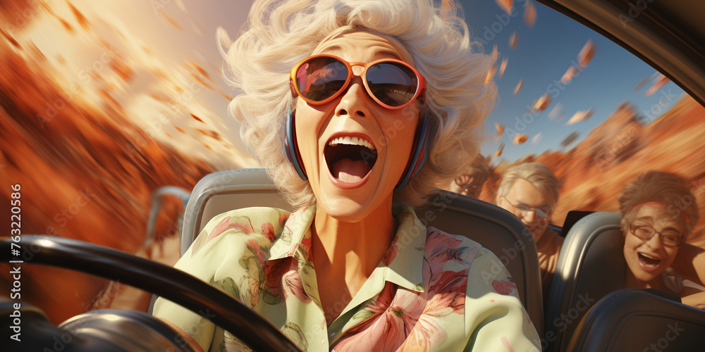 An exuberant senior woman rides a roller coaster, embracing the thrill and excitement of the moment.