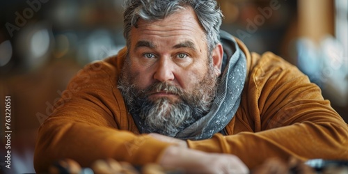 A mature Caucasian man, visibly overweight, contemplates with a sad and serious expression.