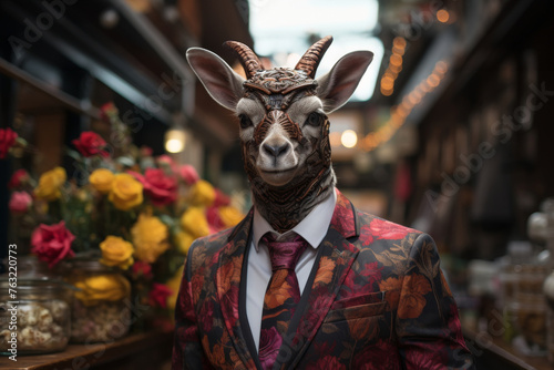 Elegant deer in a sharp business suit, amidst a vivid cyberpunk city scene
