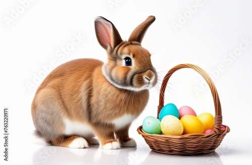 Easter bunny and basket with Easter eggs on a simple plain isolated background - Easter decoration, banner, panorama, background © Ekaterina