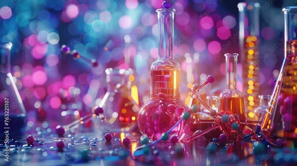 Vibrant Pharmaceutical Chemistry: Glowing Pink Liquid in Glassware with Purple Potion Layer and Bokeh Lights