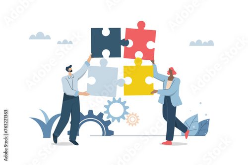 Effective teamwork, Problem solving, or ways to improve, career development concept, Symbol of teamwork, Business people work together to complete jigsaw puzzle in harmony. Vector design illustration.