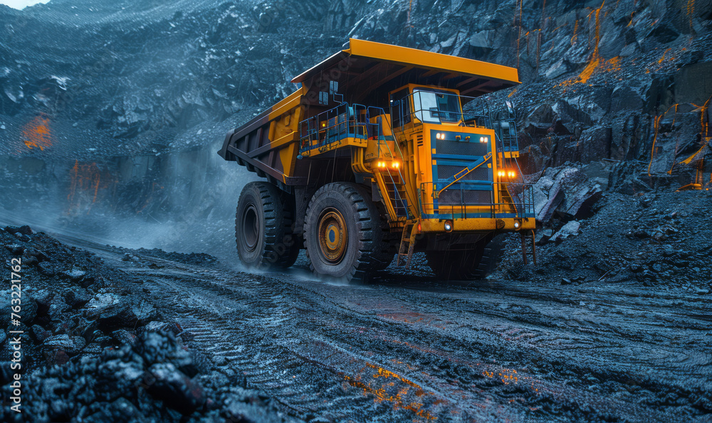 Open pit mine industry, big yellow mining truck for coal anthracite.