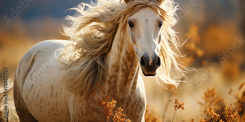 A graceful horse  with exciting hair  like a dance of wind
