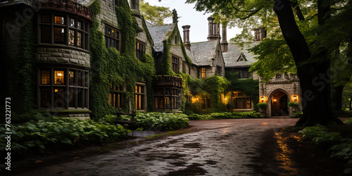 A large old mansion, surrounded by thick foliage of branched trees, as if secluded refuge in
