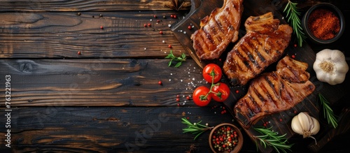 Thick and delicious grilled beef steak with pepper seasoning served on a wooden table