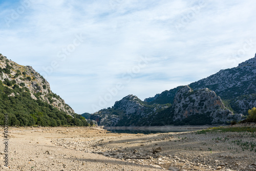 The cuber reservoir in Majorca during high drought in summer with the water level falling sharply