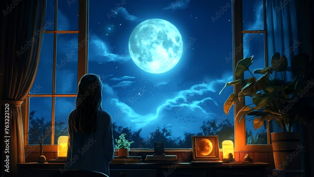 Silhouette of girl standing looking at magical full moon from room window. seamless looping 4k time-lapse animation video background