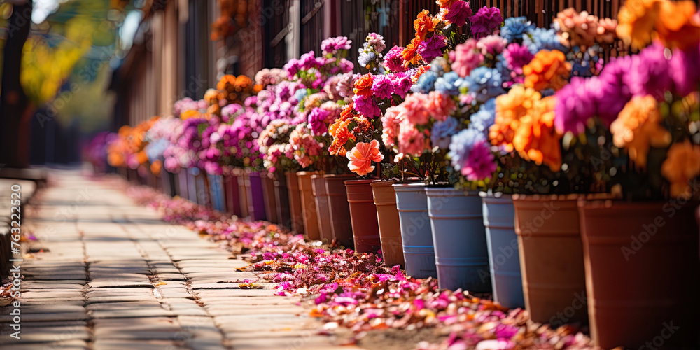 Bright bricks filling the wall with fresh flowers and shades, like a colorful carpet spread und