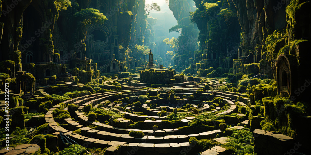 Fototapeta premium Labyrinth jungle with confusing paths and winding streams, like a trip to the unknow