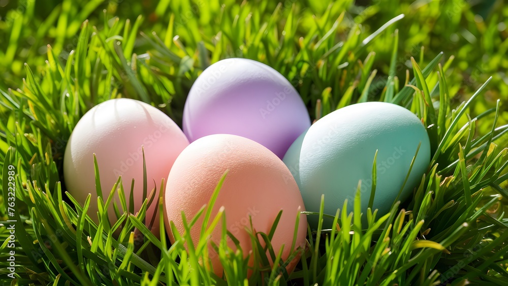 Pastel Easter Eggs nestled in fresh green grass under sunlight