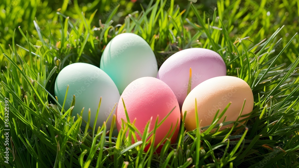 Pastel Easter Eggs nestled in fresh green grass under sunlight Pastel Easter Eggs nestled in fresh green grass under sunlight