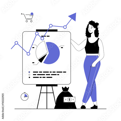 Sales performance concept. Market data and financial calculations. Successful planning for increase financial profit. Vector illustration with line people for web design.