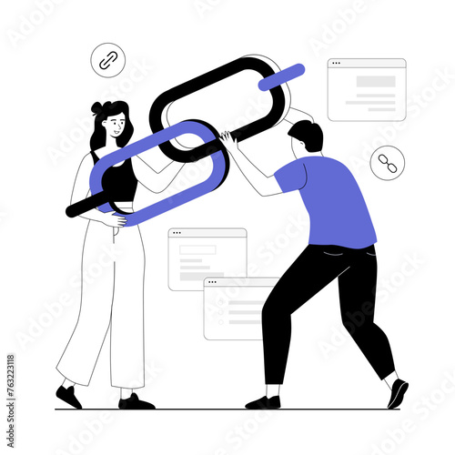 Link building concept. Search engine optimization, SEO. People holding chain on bowser windows. Vector illustration with line people for web design.