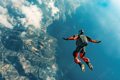 A skydiver soars through the sky, circling at high altitude in a free-fall attitude