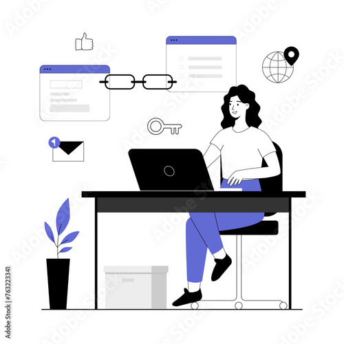 Link building between website pages. Search engine optimization concept SEO. Woman work with embedding referral link URL, page rank algorithm. Vector illustration with line people for web design.