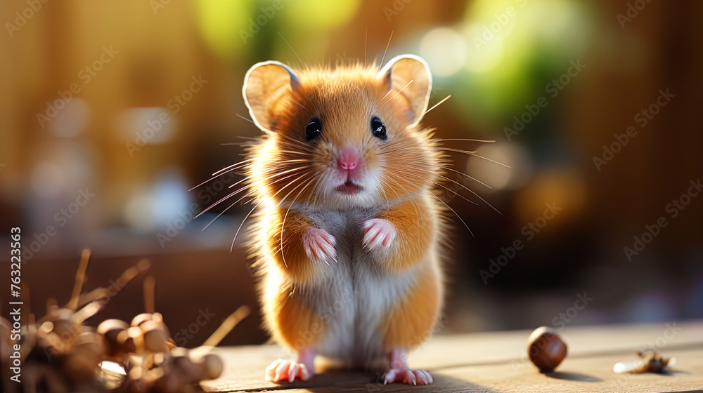 The charming, dark brown of the hamster, like two drops of dark hon The charming, dark brown of the hamster, like two drops of dark hon