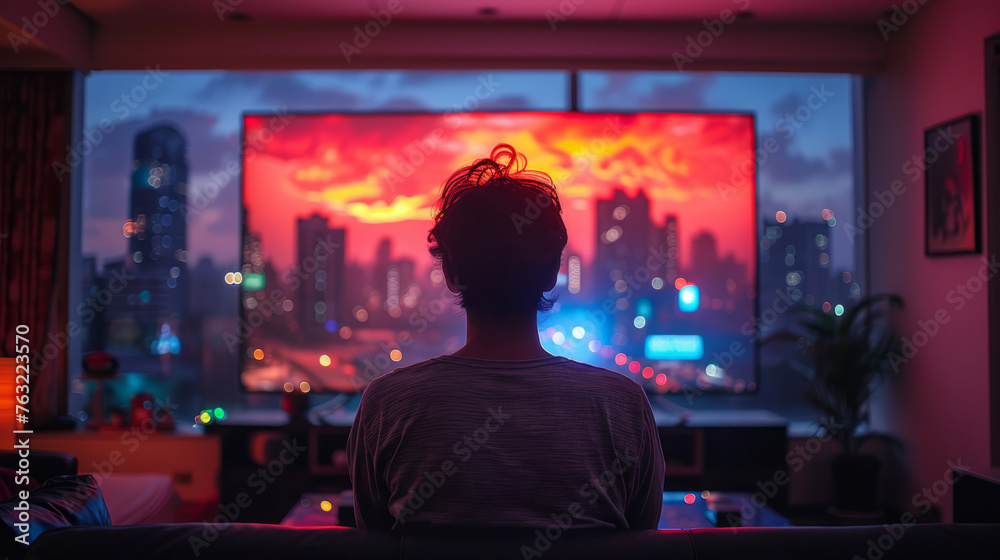 Back view Shot of the Businessman Sitting at His Desk Using Desktop Computer.