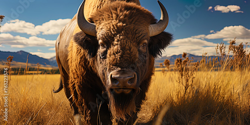 The dark brown eyes of the buffalo, performed relics and resistance, like two huge oaks in th photo