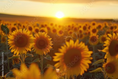 Sunflower field at sunset. Beautiful summer landscape with sunflowers.