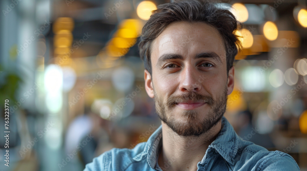 Portrait of a happy curly man in the office. The concept of co-working and casual wear Portrait of a happy curly man in the office. The concept of co-working and casual wear