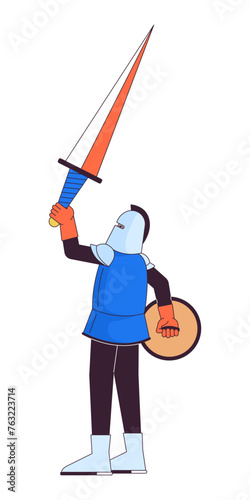 Armored knight raising up sword 2D linear cartoon character. Medieval tournament champion isolated line vector person white background. Victory in deadly battle color flat spot illustration