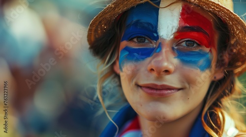 Olympic 2024 banner paris games concept joyful and energetic young woman with red white and blue makeup