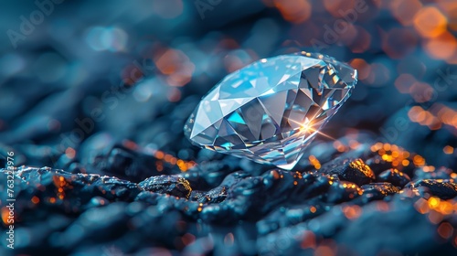 Brilliant cut diamond on dark reflective surface