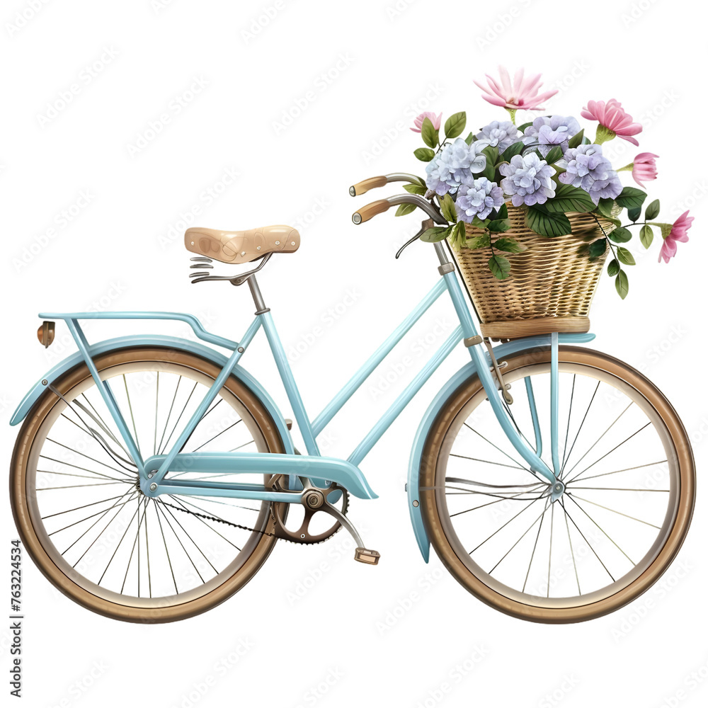 Retro bicycle with a basket of flowers isolated on white or transparent background
