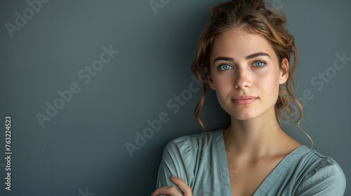 Pretty smiling joyfully female with fair hair, dressed casually, looking with satisfaction at camera, being happy. Studio shot of good-looking beautiful woman isolated against blank studio wall.