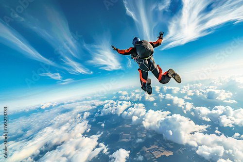 A skydiver soars in circling at high altitude in the sky