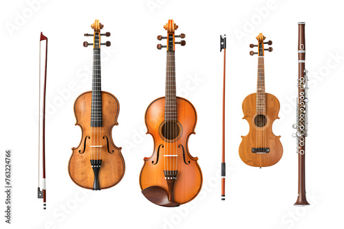 Set of musical instruments (guitar, violin, flute) isolated on white or transparent background